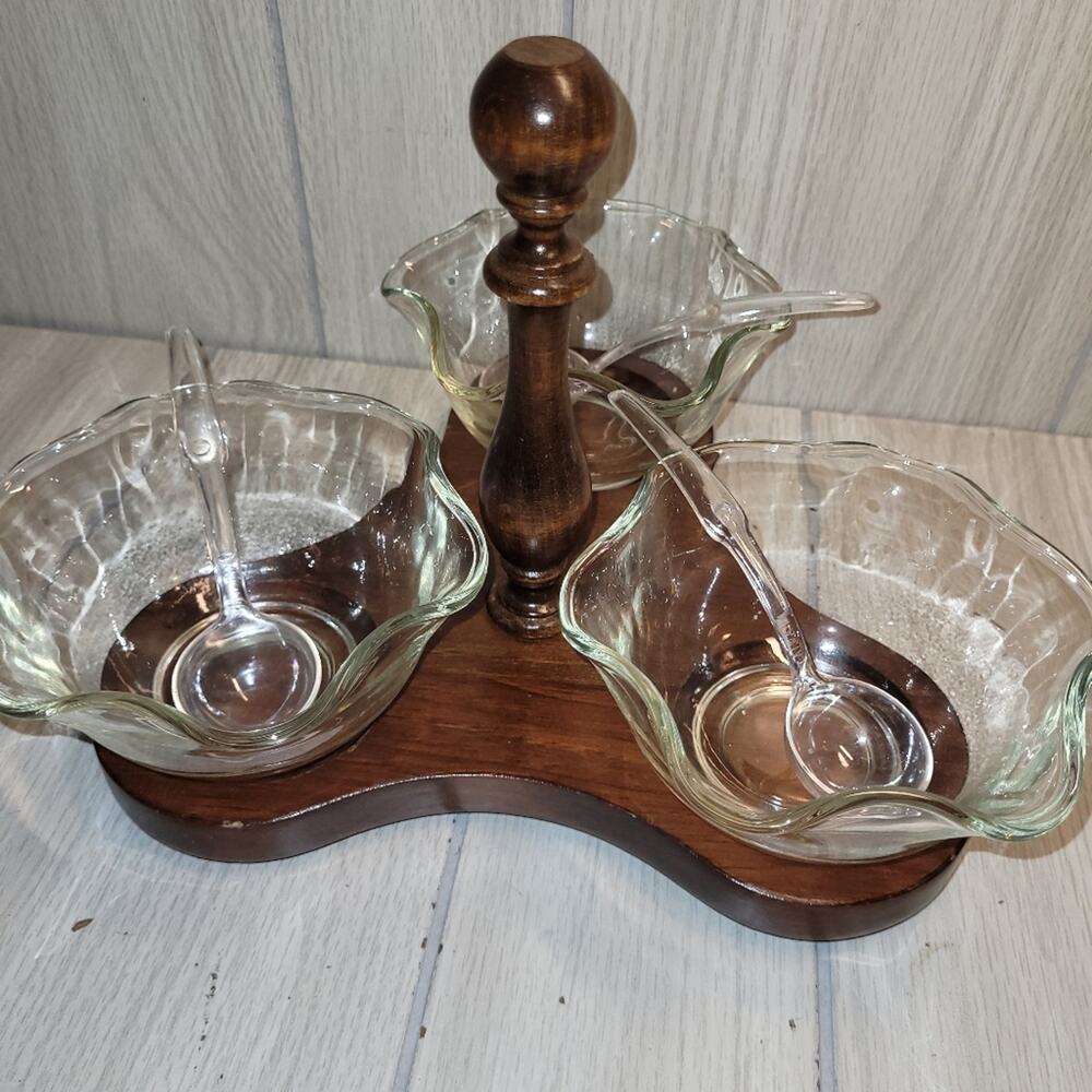 Vtg 70s Handcrafted Cornwall Wood/Glass Condiment Tray Serving Dish Hostess